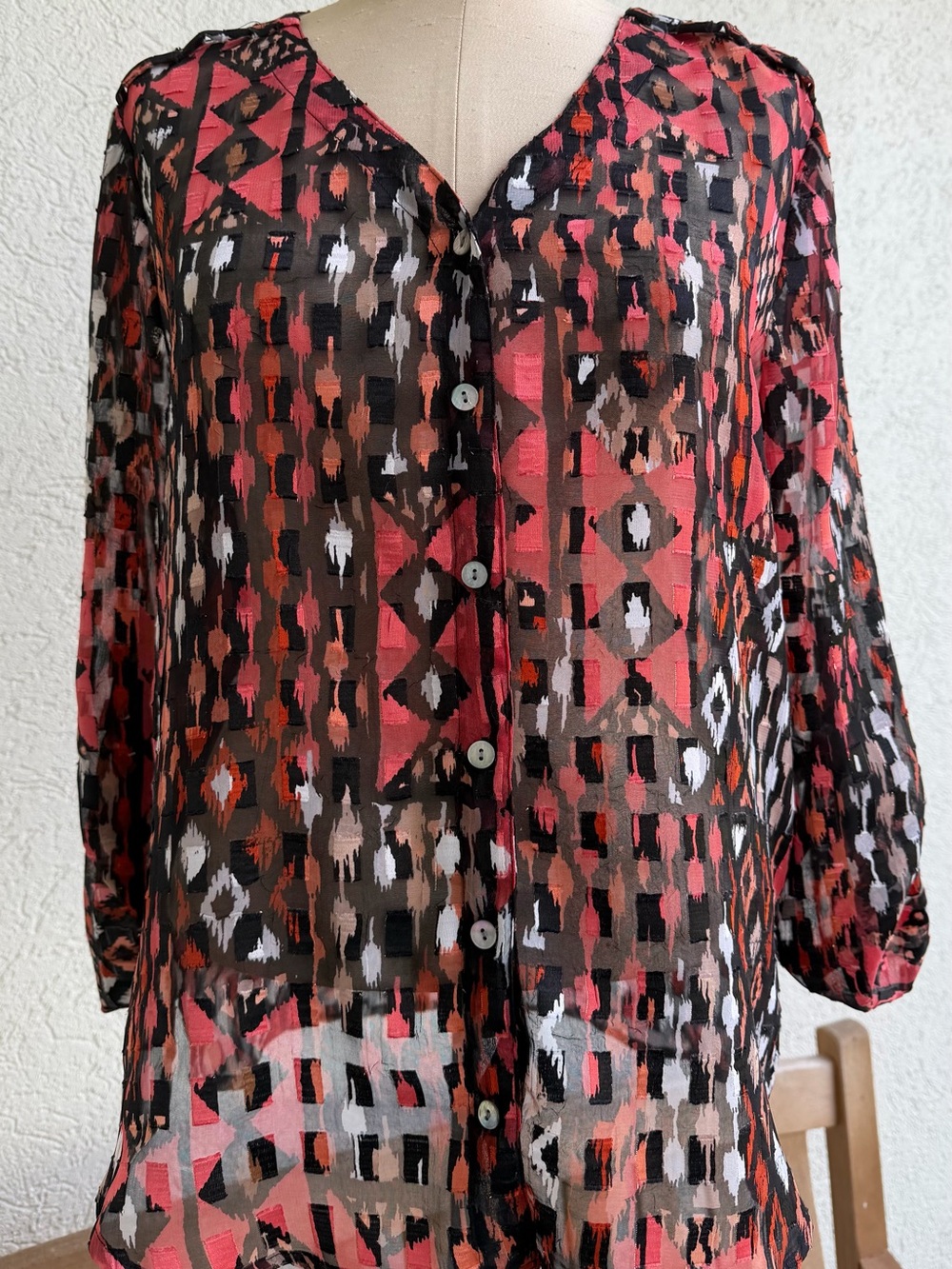 Ruby Rd. Sheer Button-Front Blouse in Coral, Black & White
